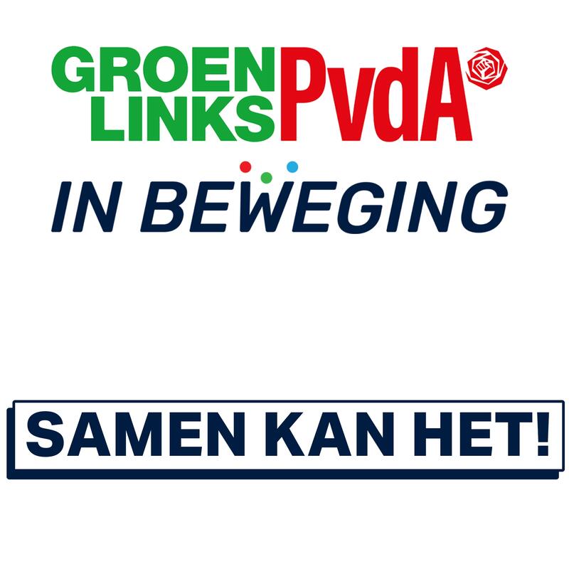 Gecombineerde logo's van PvdA, GroenLinks en In Beweging met de ondertitel Samen kan het!